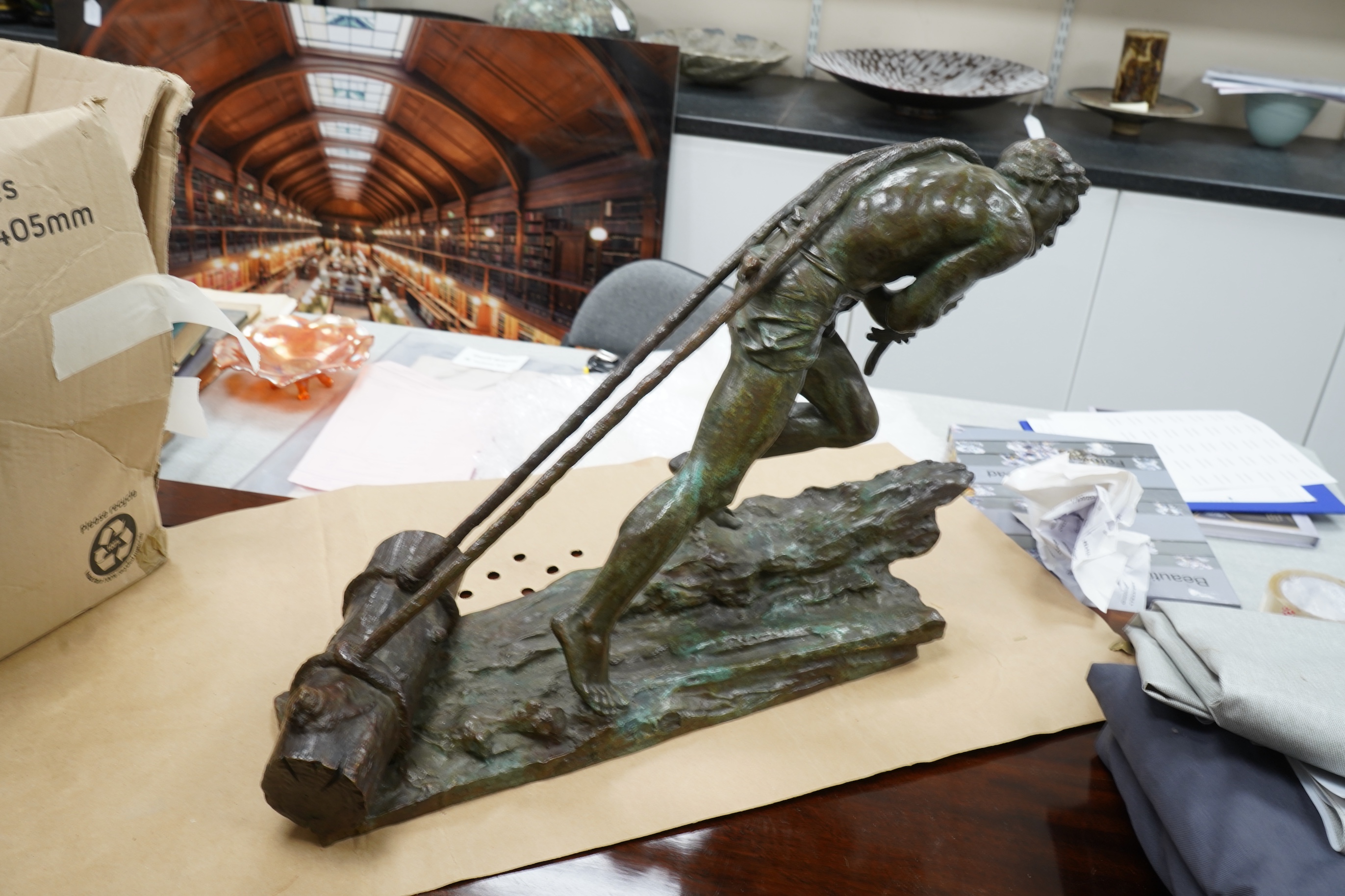 Edouard Drouot - Bronze L’Effort, male with ropes pulling a log, 59cm wide x 41cm high
